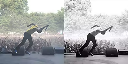 Artist performing on stage, before and after Lightroom presets improving lighting, colors, and overall mood.