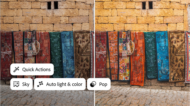 Quick Actions enhance vibrant textiles, while tools like Auto Light & Color and Pop transform the scene, breathing life into your visuals.