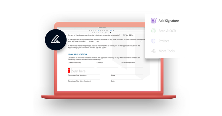 A red laptop displaying an e-signature field within a loan application document