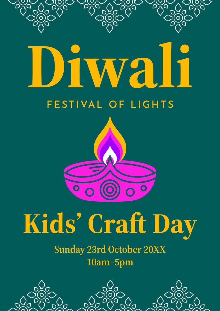 Green Gold & Pink Kids' Craft Day Diwali A3 Poster