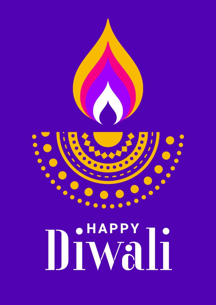 Purple Yellow White & Pink Flame Happy Diwali A3 Poster