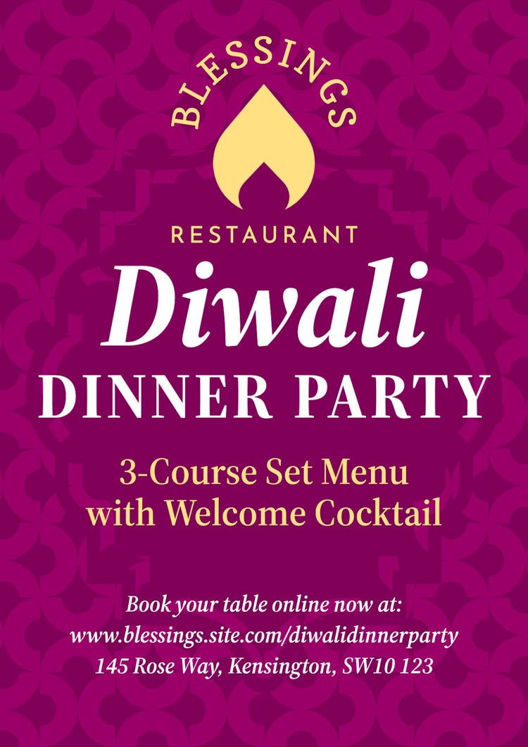 Purple Gold & White Diwali Dinner Party A3 Poster