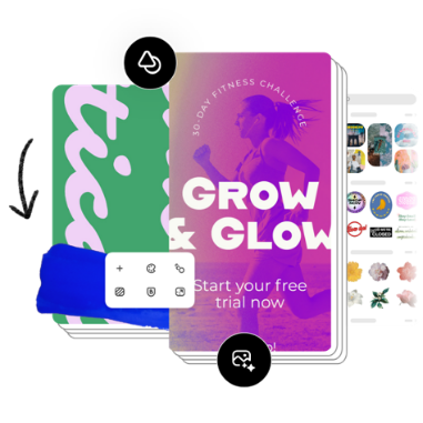 Pink Facebook story layout displaying the image of a person, plus icons, being edited in Adobe Express.