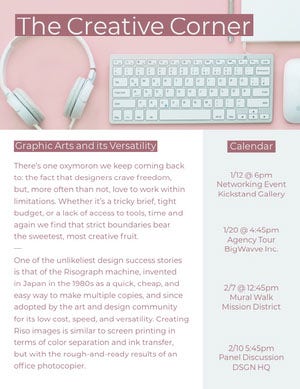 Pink Graphic Design Newsletter Graphic with Desk Newsletter Examples