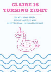 Pink and Blue Birthday Party Invitation Card with Unicorn Pool Float Birthday Design