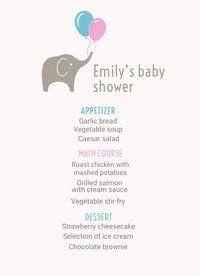 White, Grey, Blue and Pink Baby Shower Party Menu Baby Shower