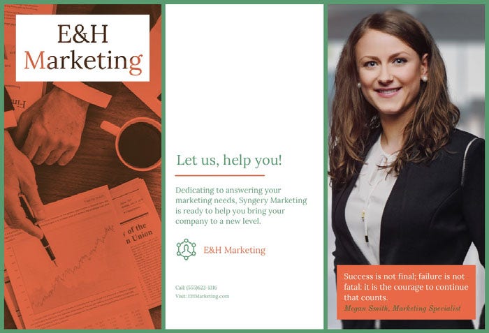 Orange and Green Marketing Agency Brochure with Businesswoman Brochure Ideas