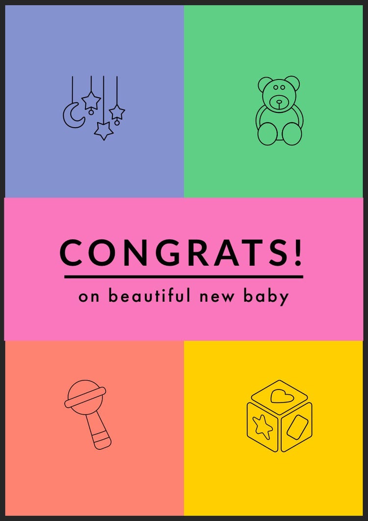 Multicolored Illustrated Baby Congratulations Card