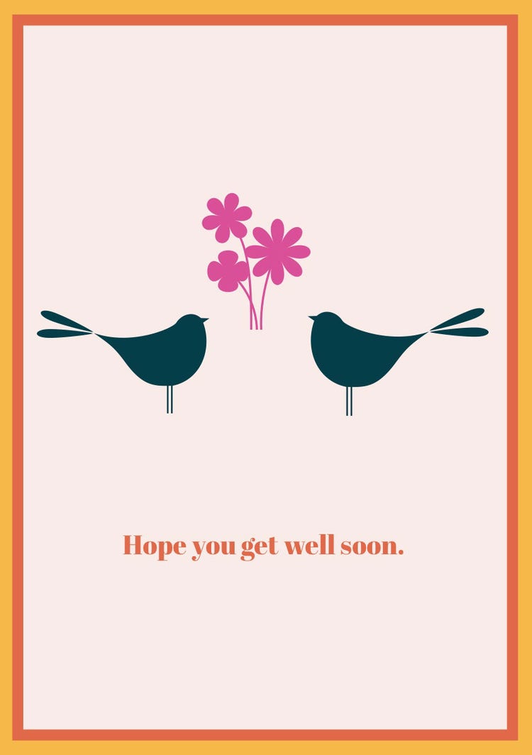 Illustrated Get Well Soon Card with Birds Frame and Flowrs