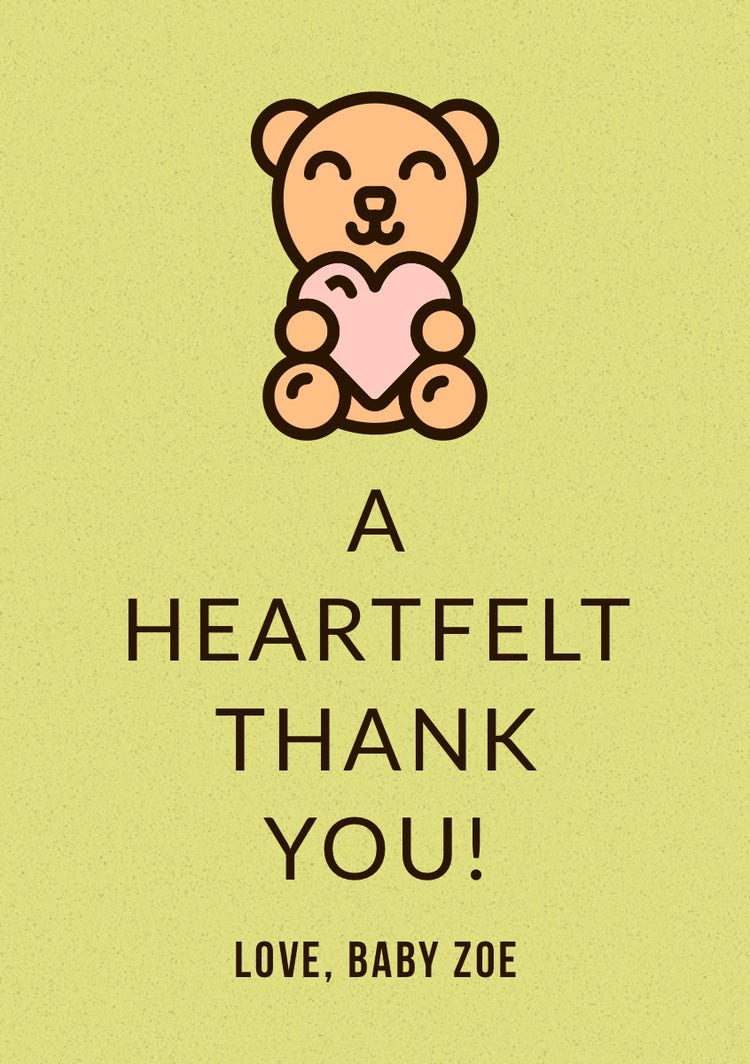 Yellow Illustrated Thank You Baby Shower Card with Teddy Bear