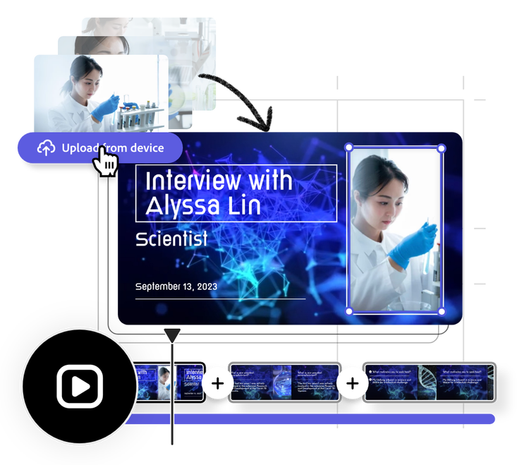 Icons, graphic elements and a video about an interview being edited in the background.