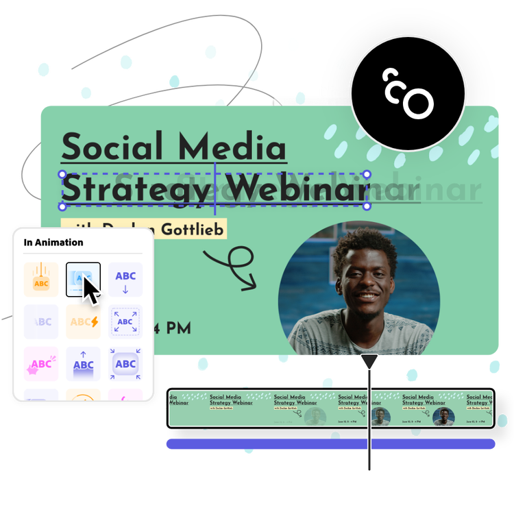 Icons, graphic elements, and a social media strategy webinar video playing in the background.