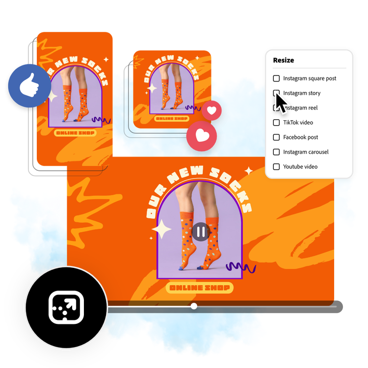 Icons, graphic elements, a promo video for an online shop being played, and two social media posts featuring the same video.