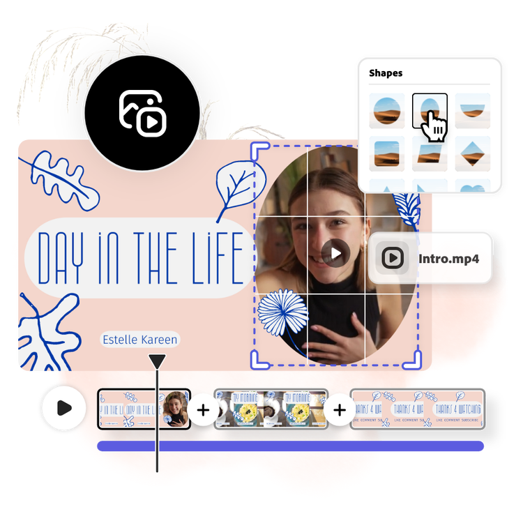 Icons and graphic elements, and vlog video with the text "Day in the life" playing in the background.