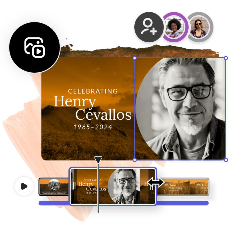 Icons, graphic elements, and a memorial video being edited in the background.