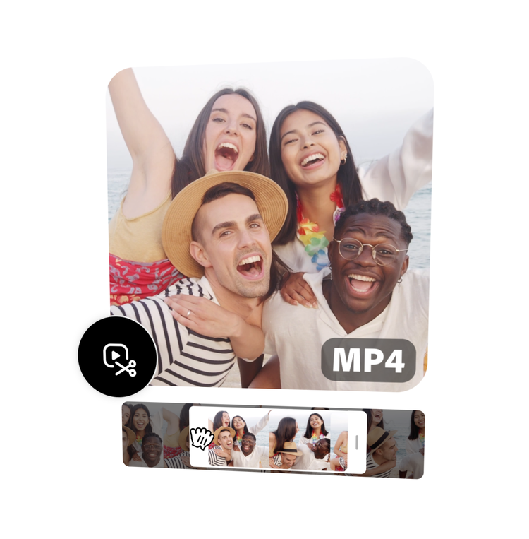 Graphic elements, and a video being trimmed. The video features four friends having fun and smiling. , Picture