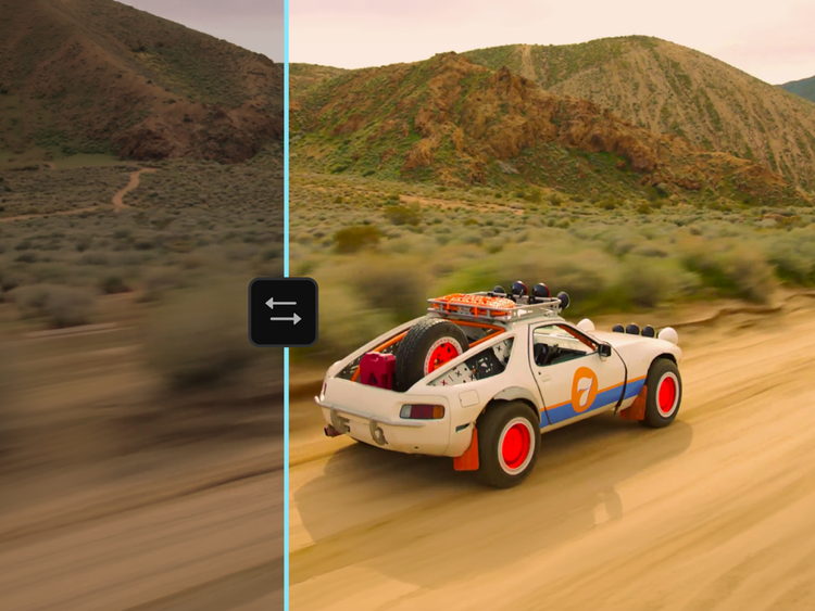 A rally car drives through a desert landscape, shown before and after colour grading, with the edited version brighter and more vibrant.