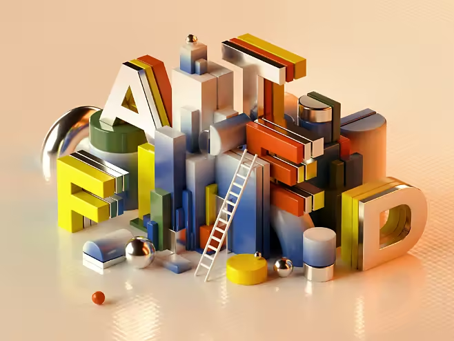 3d composition of colourful letters and shapes.