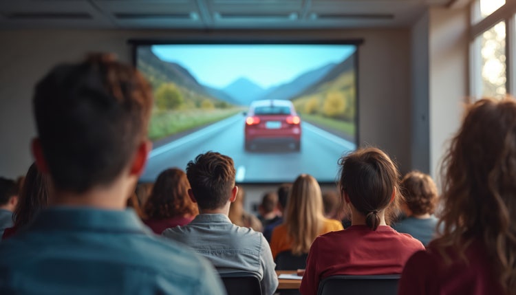 A diverse group of people in a room, watching a training video on a screen.