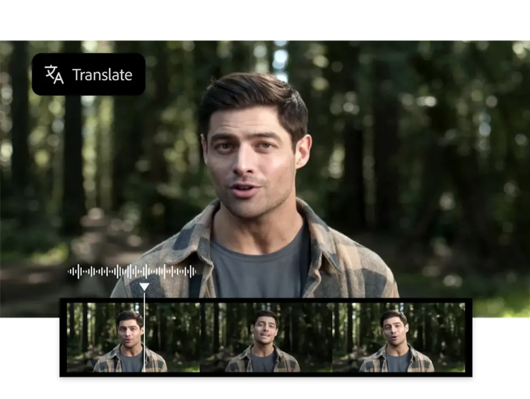 Video frame of man in forest with overlay of voice syncing controls and timeline in AI translate video app.