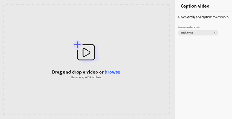 The drag and drop zone of Adobe Express' online caption video tool.