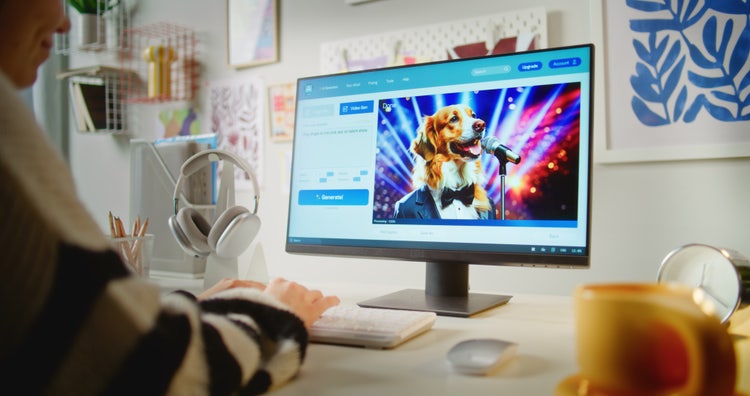 Back view of a person typing a prompt into an AI video generator to create a video of a dog in a suit singing on stage