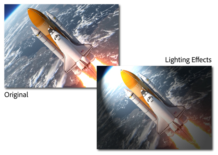 Side by side images of a rocketship in space. One is the original clip and the other has a lighting effect applied to it.