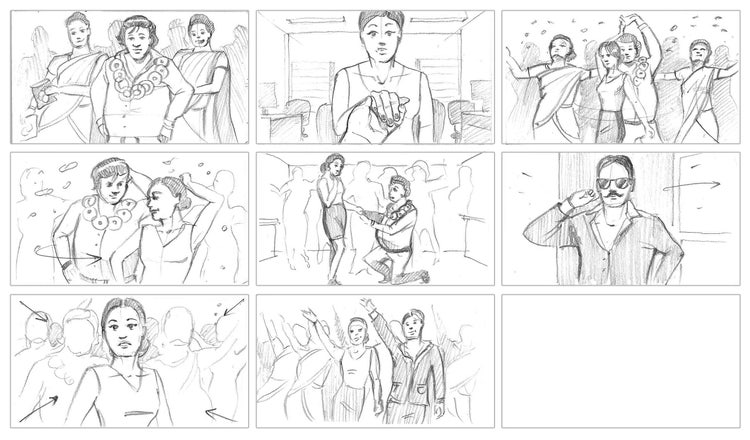 A hand-drawn storyboard depicting a dancing scene for a Bollywood film.
