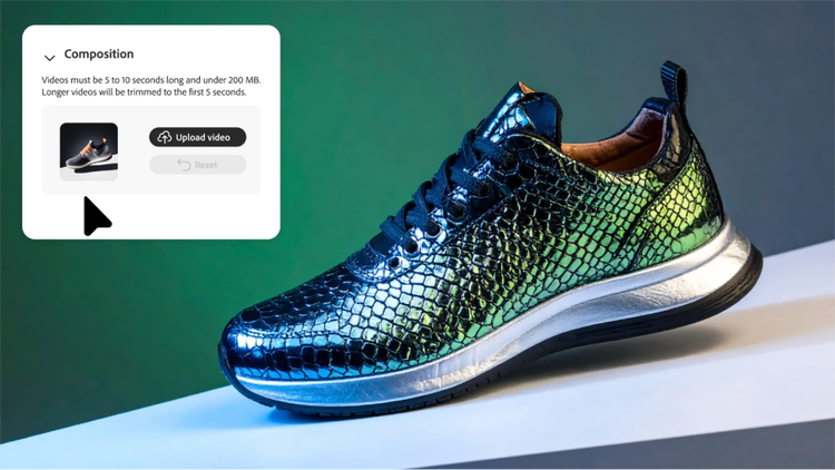 A metallic blue-and-green sneaker with a glossy, textured surface resting on a white platform against a green gradient background, shown alongside a UI overlay with composition settings and a reference image upload panel.