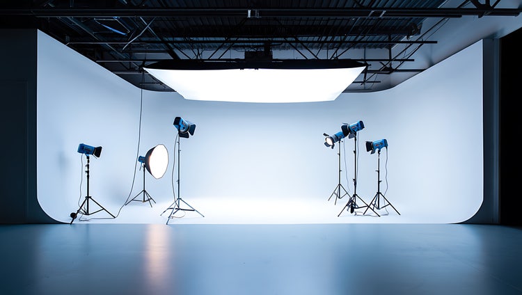 A studio featuring a large white cyclorama background and lighting equipment for a video shoot.