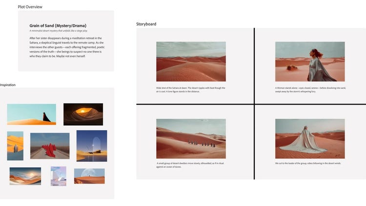An example of how to use the AI storyboard generator on Firefly Boards, including a plot overview, inspiration images of desert landscapes, and the generated scenes of people walking across desert dunes.