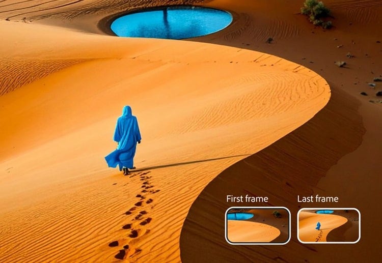 AI-generated video concept showing a person in blue walking across orange desert dunes toward a blue water pool, with first and last frames displayed.