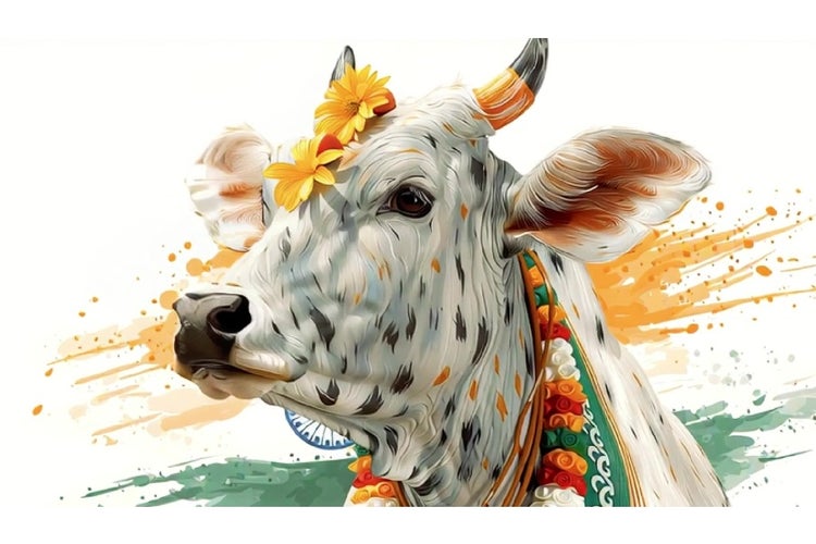 Beautiful Indian cow featuring colours of the Indian flag standing in a natural landscape, abstract AI generated video celebrating East Asian culture and tradition