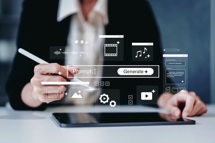 User interacting with a tablet displaying an AI video generation interface with prompt input, media controls, and editing icons.
