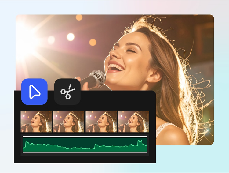 An image of a woman singing with an inset of a video editing timeline, layers, cursor, and trimming tool.
