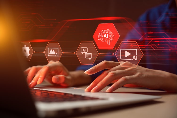 A business owner using a laptop to create AI-generated ecommerce videos, with icons for AI images, scripts, and videos shown.