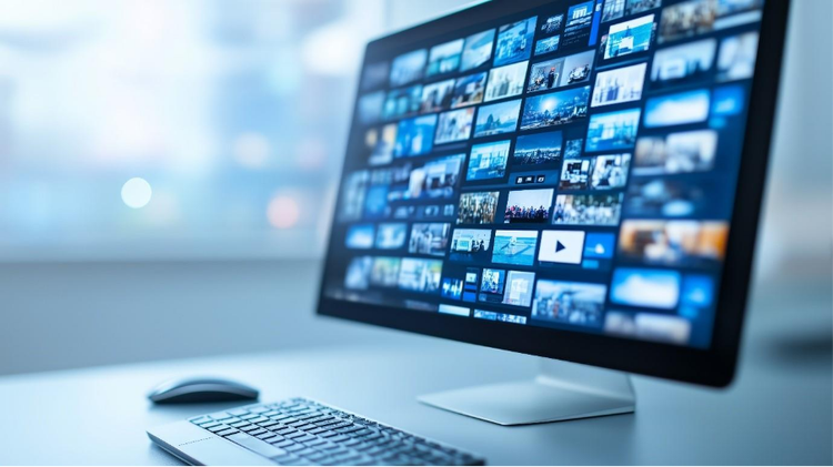 A computer monitor displaying a vast digital library of videos.