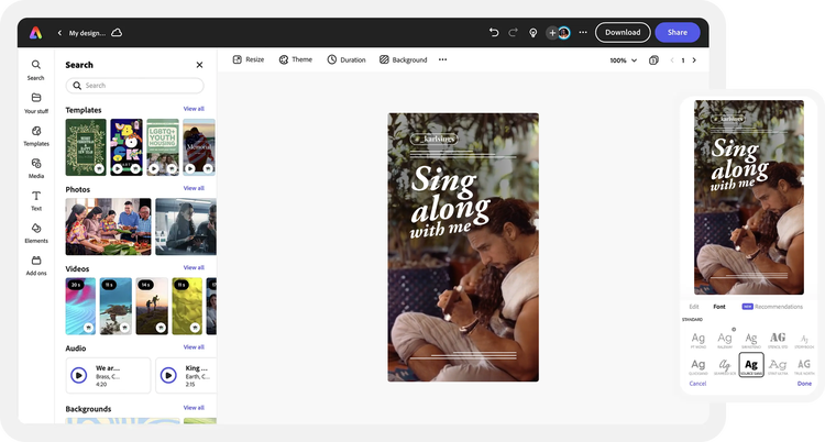 Adobe Express online lyric video maker, showing the workspace with a new project, templates, videos, and font options.