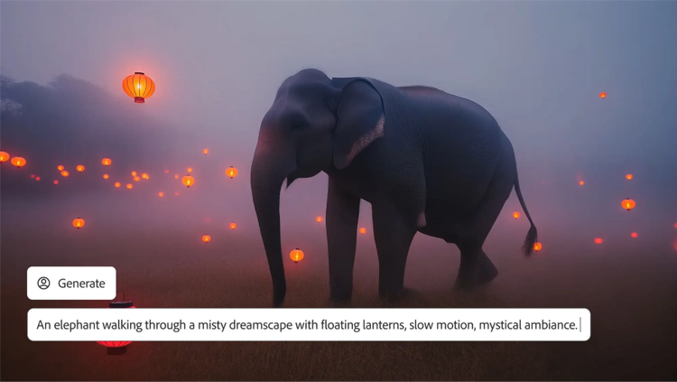 Still from dreamy video generated from an elephant photo with text prompt in AI video generator interface.