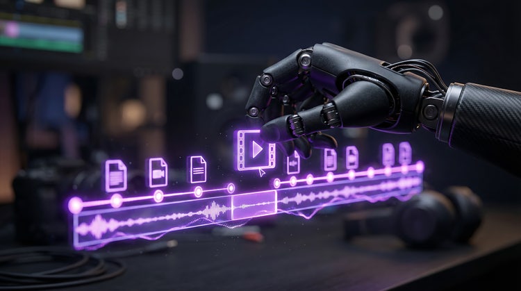 Close-up of a matte black robot hand interacting with a glowing purple digital video editing timeline interface.
