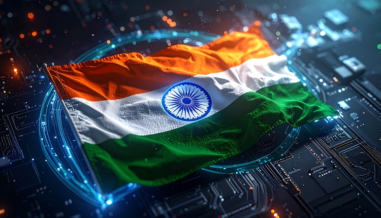 Indian flag waving above a digital circuit board symbolizing ai technology in India