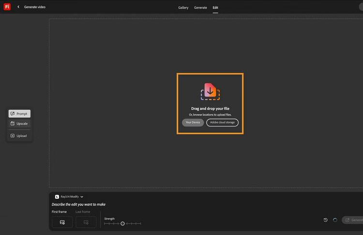 A screenshot of the Adobe Firefly AI video editor showing the drag and drop zone and options for upscaling and editing.