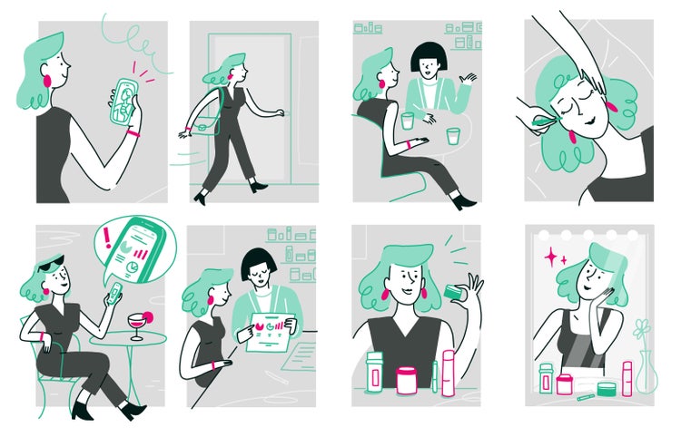 A digitally illustrated storyboard showing a woman going to a beauty clinic, shopping, and using cosmetics.