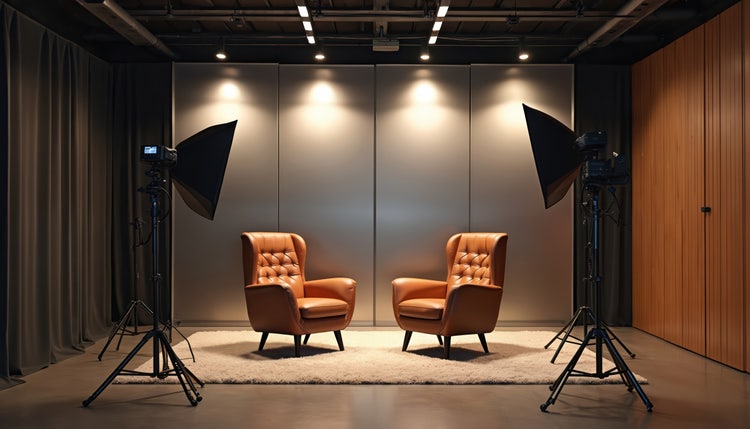 A studio with two leather armchairs positioned in the middle of a fluffy carpet. Pro lighting equipment with softboxes is set up on the sides.