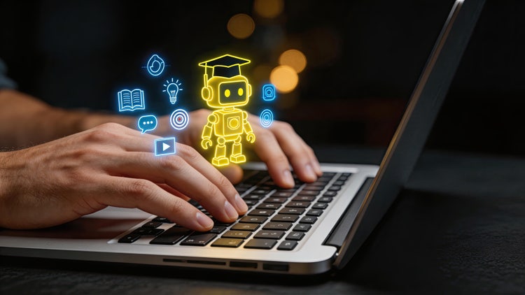 A pair of hands typing on a laptop, with glowing icons for a robot, messages, ideas, videos, and books floating.