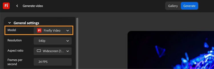 General settings in Adobe Firefly's image-to-video AI generator.