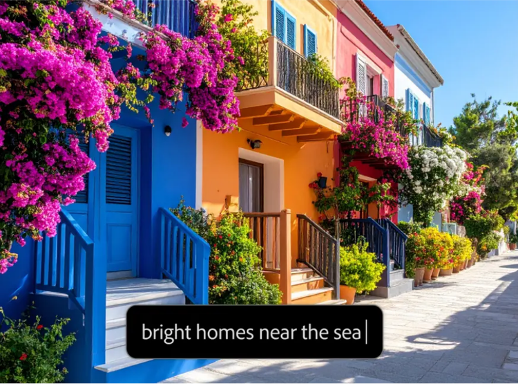 AI generated photorealistic image with colourful row of homes and text prompt overlay in text to image tool.