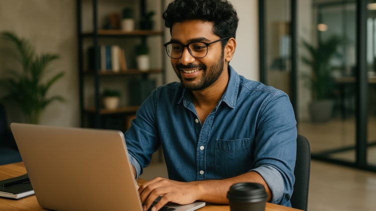 A man editing his video resume on his laptop.