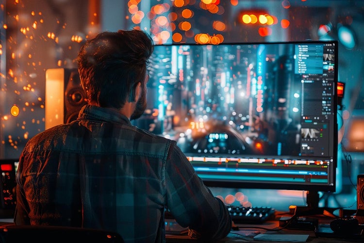 Close up of a video editor meticulously cutting and adjusting footage on a high resolution monitor in a professional editing studio, highlighting precision and focus in the creative workflow.