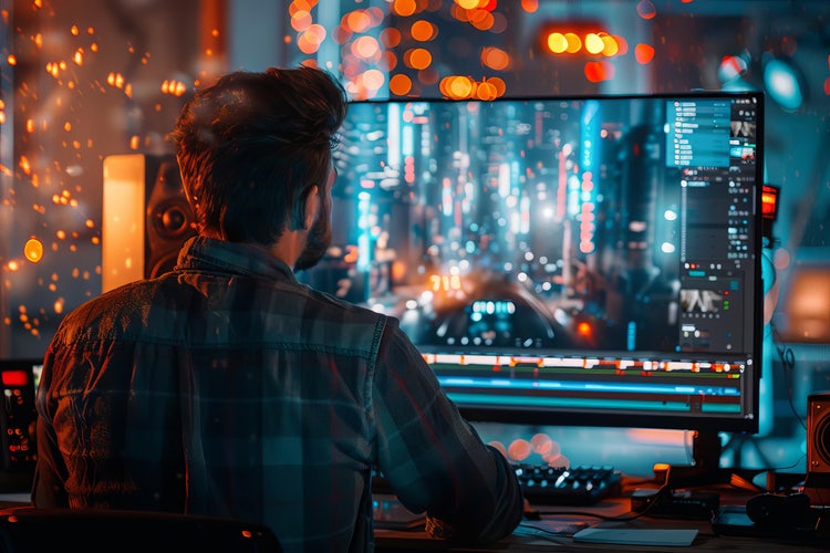 Close up of a video editor meticulously cutting and adjusting footage on a high resolution monitor in a professional editing studio, highlighting precision and focus in the creative workflow.